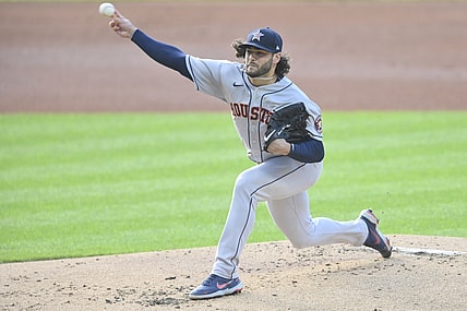 Jul 2, 2021; Cleveland, Ohio, USA; Houston Astros starting pitcher Lance McCullers Jr. (43) delivers a pitch in the first inning against the Cleveland Indians at Progressive Field. Mandatory Credit: David Richard-USA TODAY Sports