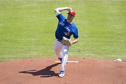 Jul 3, 2021; Buffalo, New York, CAN; Toronto Blue Jays pitcher Ross Stripling (48) delivers a pitch during the first inning against the Tampa Bay Rays at Sahlen Field. Mandatory Credit: Gregory Fisher-USA TODAY Sports