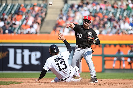 Jul 3, 2021; Detroit, Michigan, USA; Chicago White Sox second baseman Danny Mendick (20) forces Detroit Tigers left fielder Eric Haase (13) out at second base during the second inning at Comerica Park. Mandatory Credit: Tim Fuller-USA TODAY Sports
