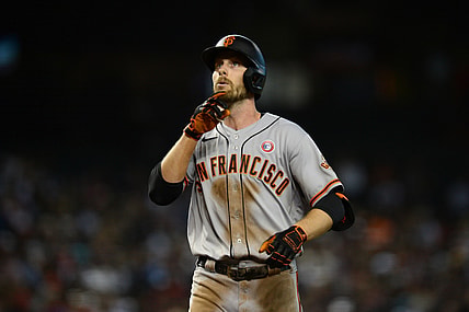 Jul 4, 2021; Phoenix, Arizona, USA; San Francisco Giants center fielder Austin Slater (13) approaches home plate after hitting a solo home run against the Arizona Diamondbacks during the third inning at Chase Field. Mandatory Credit: Joe Camporeale-USA TODAY Sports