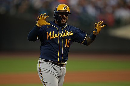 Jul 5, 2021; New York City, New York, USA; Milwaukee Brewers catcher Omar Narvaez (10) gestures as he rounds the bases after hitting a solo home run against the New York Mets during the fourth inning at Citi Field. Mandatory Credit: Brad Penner-USA TODAY Sports
