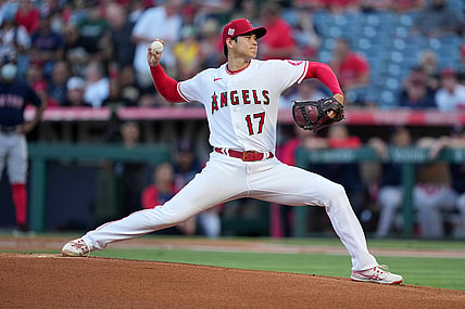 Jul 6, 2021; Anaheim, California, USA; Los Angeles Angels starting pitcher Shohei Ohtani (17) delivers a pitch in the first inning at bat  at Angel Stadium. Mandatory Credit: Kirby Lee-USA TODAY Sports