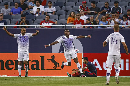 Jul 7, 2021; Chicago, Illinois, USA; Orlando City midfielder Andres Perea (21) celebrates after scoring against the Chicago Fire during the first half at Soldier Field. Mandatory Credit: Kamil Krzaczynski-USA TODAY Sports