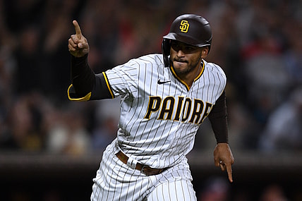 Jul 8, 2021; San Diego, California, USA; San Diego Padres center fielder Trent Grisham (2) gestures after hitting a walk-off single against the Washington Nationals during the ninth inning at Petco Park. Mandatory Credit: Orlando Ramirez-USA TODAY Sports