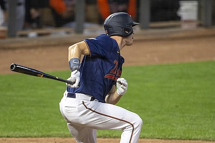 Jul 9, 2021; Minneapolis, Minnesota, USA; Minnesota Twins center fielder Max Kepler (26) hits a RBI triple in the sixth inning against the Detroit Tigers at Target Field. Mandatory Credit: Jesse Johnson-USA TODAY Sports