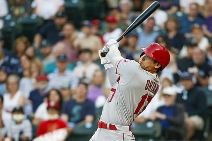 Jul 9, 2021; Seattle, Washington, USA; Los Angeles Angels designated hitter Shohei Ohtani (17) hits a solo home run against the Seattle Mariners during the third inning at T-Mobile Park. Mandatory Credit: Joe Nicholson-USA TODAY Sports