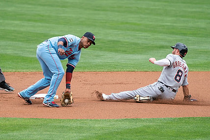 Jul 10, 2021; Minneapolis, Minnesota, USA; Detroit Tigers right fielder Robbie Grossman (8) steals second base during the first inning against the Minnesota Twins at Target Field. Mandatory Credit: Jordan Johnson-USA TODAY Sports