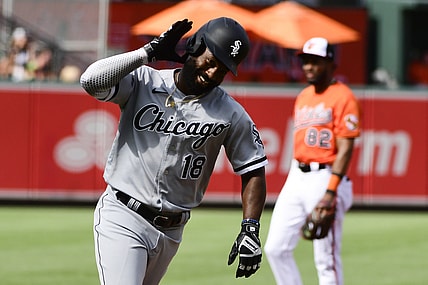 Jul 10, 2021; Baltimore, Maryland, USA;  Chicago White Sox left fielder Brian Goodwin (18) runs out a second inning solo home against the Baltimore Orioles in the second inning at Oriole Park at Camden Yards. Mandatory Credit: Tommy Gilligan-USA TODAY Sports