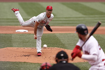 Jul 11, 2021; Boston, Massachusetts, USA; Philadelphia Phillies starting pitcher Brandon Kintzler (19) throws against the Boston Red Sox during the first inning at Fenway Park. Mandatory Credit: Winslow Townson-USA TODAY Sports