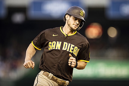 Jul 16, 2021; Washington, District of Columbia, USA; San Diego Padres right fielder Wil Myers (5) rounds the bases after hitting a grand slam against the Washington Nationals during the second inning at Nationals Park. Mandatory Credit: Scott Taetsch-USA TODAY Sports