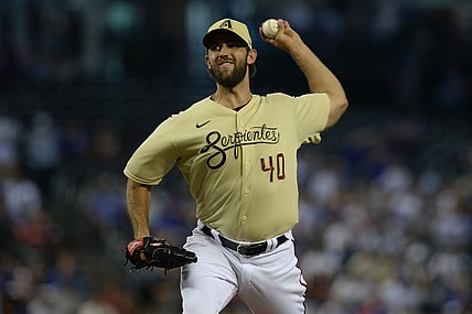 Jul 16, 2021; Phoenix, Arizona, USA; Arizona Diamondbacks starting pitcher Madison Bumgarner (40) pitches against the Chicago Cubs during the first inning at Chase Field. Mandatory Credit: Joe Camporeale-USA TODAY Sports