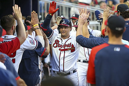 Jul 17, 2021; Atlanta, Georgia, USA; Atlanta Braves right fielder Joc Pederson (22) celebrates with teammates after hitting a two-run home run against the Tampa Bay Rays in the fourth inning at Truist Park. Mandatory Credit: Brett Davis-USA TODAY Sports