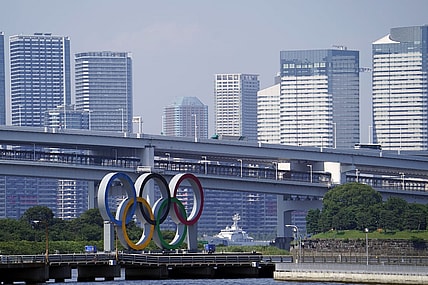 July 19, 2021; Tokyo, JAPAN;  A general view of the Olympic Rings and Olympic Village as seen from near Odaiba before the Tokyo 2020 Summer Olympic Games. Mandatory Credit: Mandi Wright-USA TODAY Sports