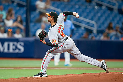 Jul 19, 2021; St. Petersburg, Florida, USA; Baltimore Orioles starting pitcher Spenser Watkins (80) delivers a pitch during the first inning of game against the Tampa Bay Rays at Tropicana Field. Mandatory Credit: Mary Holt-USA TODAY Sports