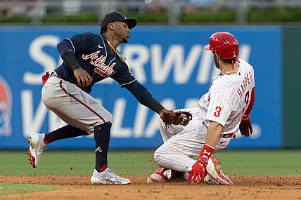 Jul 23, 2021; Philadelphia, Pennsylvania, USA; Philadelphia Phillies right fielder Bryce Harper (3) reaches second against Atlanta Braves second baseman Ozzie Albies (1) for a double during the third inning at Citizens Bank Park. Mandatory Credit: Bill Streicher-USA TODAY Sports