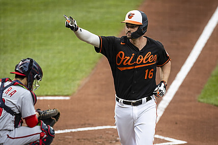 Jul 24, 2021; Baltimore, Maryland, USA; Baltimore Orioles first baseman Trey Mancini (16) celebrates after hitting a home run against the Washington Nationals during the first inning at Oriole Park at Camden Yards. Mandatory Credit: Scott Taetsch-USA TODAY Sports