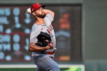 Jul 24, 2021; Minneapolis, Minnesota, USA; Los Angeles Angels starting pitcher Patrick Sandoval (43) throws a pitch during the first inning against the Minnesota Twins at Target Field. Mandatory Credit: Jeffrey Becker-USA TODAY Sports