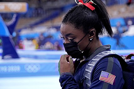 Jul 25, 2021; Tokyo, Japan; Simone Biles (USA) during the womens gymnastics qualifications during the Tokyo 2020 Olympic Summer Games at Ariake Gymnastics Centre. Mandatory Credit: Robert Deutsch-USA TODAY Network