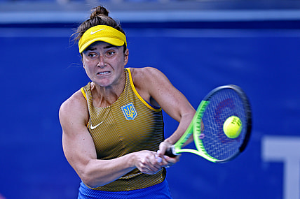 Jul 27, 2021; Tokyo, Japan; Elina Svitolina (UKR) plays Maria Sakkari (GRE) in the women's tennis third round singles during the Tokyo 2020 Olympic Summer Games at Ariake Tennis Park. Mandatory Credit: Yukihito Taguchi-USA TODAY Sports