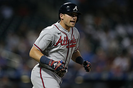 Jul 27, 2021; New York City, New York, USA; Atlanta Braves third baseman Austin Riley (27) rounds the bases after hitting a grand slam against the New York Mets during the fourth inning at Citi Field. Mandatory Credit: Brad Penner-USA TODAY Sports
