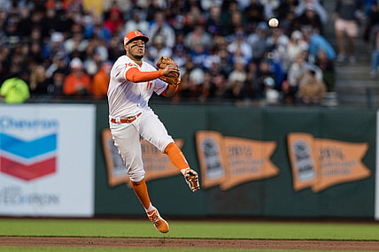 Jul 27, 2021; San Francisco, California, USA; San Francisco Giants shortstop Thairo Estrada (39) throws to first base to record an out against the Los Angeles Dodgers in the sixth inning at Oracle Park. Mandatory Credit: John Hefti-USA TODAY Sports