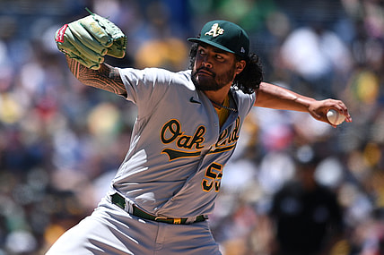 Jul 28, 2021; San Diego, California, USA; Oakland Athletics starting pitcher Sean Manaea (55) throws a pitch against the San Diego Padres during the first inning at Petco Park. Mandatory Credit: Orlando Ramirez-USA TODAY Sports