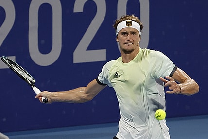 Jul 29, 2021; Tokyo, Japan; Alexander Zverev of Germany hits a forehand against Jeremy Chardy of France (not pictured) in a men's singles quarterfinal during the Tokyo 2020 Olympic Summer Games at Ariake Tennis Park. Mandatory Credit: Geoff Burke-USA TODAY Sports