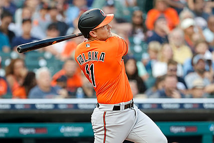 Jul 31, 2021; Detroit, Michigan, USA;  Baltimore Orioles second baseman Pat Valaika (11) hits a two RBI single against the Detroit Tigers in the fifth inning at Comerica Park. Mandatory Credit: Rick Osentoski-USA TODAY Sports