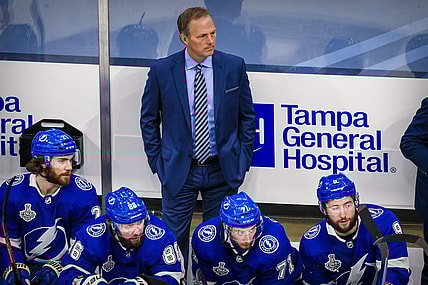 Sep 21, 2020; Edmonton, Alberta, CAN; A view of Tampa Bay Lightning head coach Jon Cooper during the third period between the Tampa Bay Lightning and the Dallas Stars in game two of the 2020 Stanley Cup Final at Rogers Place. Mandatory Credit: Sergei Belski-USA TODAY Sports