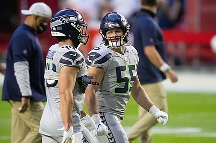 Oct 25, 2020; Glendale, Arizona, USA; Seattle Seahawks linebacker Ben Burr-Kirven (55) (R) and fullback Nick Bellore (44) (L) prior to the game against the Arizona Cardinals at State Farm Stadium. Mandatory Credit: Billy Hardiman-USA TODAY Sports
