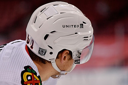 Jan 19, 2021; Sunrise, Florida, USA; A detailed view of a celebrating equality decal on the helmet of Chicago Blackhawks defenseman Ian Mitchell (51) during the third period against the Florida Panthers at BB&T Center. Mandatory Credit: Jasen Vinlove-USA TODAY Sports