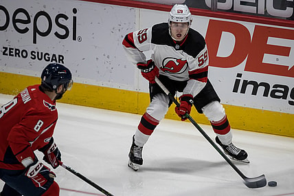 Mar 25, 2021; Washington, District of Columbia, USA; New Jersey Devils left wing Janne Kuokkanen (59) skates with the puck against the Washington Capitals during the first period at Capital One Arena. Mandatory Credit: Scott Taetsch-USA TODAY Sports