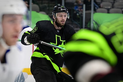 Mar 23, 2021; Dallas, Texas, USA; Dallas Stars center Jason Dickinson (18) in action during the game between the Dallas Stars and the Tampa Bay Lightning at the American Airlines Center. Mandatory Credit: Jerome Miron-USA TODAY Sports