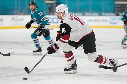 May 8, 2021; San Jose, California, USA;  Arizona Coyotes center Derick Brassard (16) controls the puck during the first period against the San Jose Sharks at SAP Center at San Jose. Mandatory Credit: Stan Szeto-USA TODAY Sports