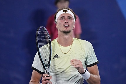 Jul 30, 2021; Tokyo, Japan; Alexander Zverev (GER) reacts after beating Novak Djokovic (SRB) in the men's singles semifinals during the Tokyo 2020 Olympic Summer Games at Ariake Tennis Park. Mandatory Credit: Robert Deutsch-USA TODAY Sports