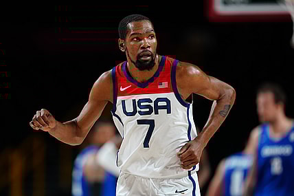 Jul 31, 2021; Saitama, Japan; Team United States forward Kevin Durant (7) reacts after scoring against Czech Republic during the Tokyo 2020 Olympic Summer Games at Saitama Super Arena. Mandatory Credit: Kareem Elgazzar-USA TODAY Sports