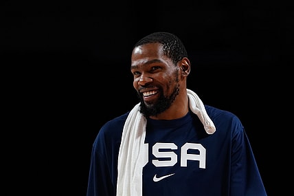 Jul 31, 2021; Saitama, Japan; Team United States forward Kevin Durant (7) reacts after defeating Czech Republic during the Tokyo 2020 Olympic Summer Games at Saitama Super Arena. Mandatory Credit: Kareem Elgazzar-USA TODAY Sports
