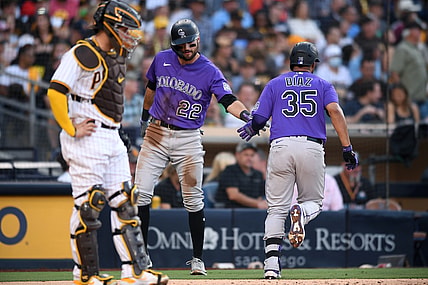 Jul 31, 2021; San Diego, California, USA; Colorado Rockies catcher Elias Diaz (35) is congratulated by center fielder Sam Hilliard (22) after hitting a home run during the fifth inning as San Diego Padres catcher Victor Caratini (left) looks on at Petco Park. Mandatory Credit: Orlando Ramirez-USA TODAY Sports