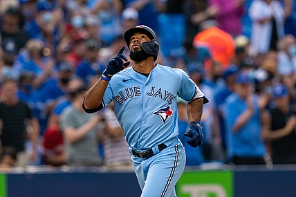 Aug 3, 2021; Toronto, Ontario, CAN; Toronto Blue Jays right fielder Teoscar Hernandez (37) celebrates after hitting a home run against the Cleveland Indians during the first inning at Rogers Centre. Mandatory Credit: Kevin Sousa-USA TODAY Sports