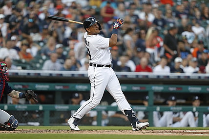 Aug 3, 2021; Detroit, Michigan, USA; Detroit Tigers designated hitter Miguel Cabrera (24) hits a solo home run against the Boston Red Sox during the second inning at Comerica Park. Mandatory Credit: Raj Mehta-USA TODAY Sports