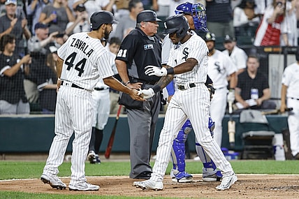 Aug 3, 2021; Chicago, Illinois, USA; Chicago White Sox shortstop Tim Anderson (7) celebrates with catcher Seby Zavala (44) after hitting a two-run home run against the Kansas City Royals during the third inning at Guaranteed Rate Field. Mandatory Credit: Kamil Krzaczynski-USA TODAY Sports