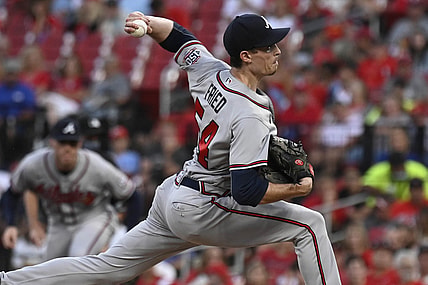 Aug 3, 2021; St. Louis, Missouri, USA; Atlanta Braves starting pitcher Max Fried (54) throws against the St. Louis Cardinals in the first inning at Busch Stadium. Mandatory Credit: Jeff Le-USA TODAY Sports