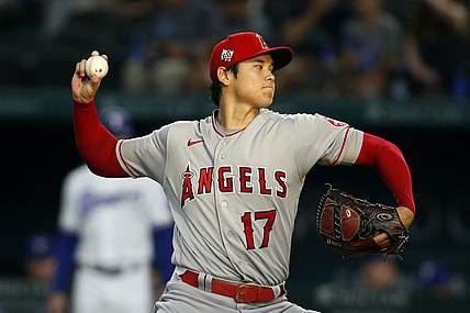 Aug 4, 2021; Arlington, Texas, USA; Los Angeles Angels starting pitcher Shohei Ohtani (17) throws a pitch against the Texas Rangers in the first inning at Globe Life Field. Mandatory Credit: Tim Heitman-USA TODAY Sports
