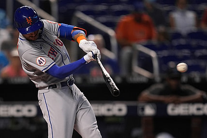 Aug 5, 2021; Miami, Florida, USA; New York Mets center fielder Albert Almora Jr. (4) singles in the 2nd inning against the Miami Marlins at loanDepot park. Mandatory Credit: Jasen Vinlove-USA TODAY Sports