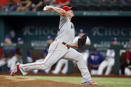 Aug 5, 2021; Arlington, Texas, USA; Los Angeles Angels starting pitcher Dylan Bundy (37) pitches in the first inning against the Texas Rangers at Globe Life Field. Mandatory Credit: Tim Heitman-USA TODAY Sports