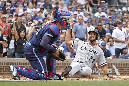 Aug 6, 2021; Chicago, Illinois, USA; Chicago White Sox first baseman Jose Abreu (79) scores against the Chicago Cubs during the fourth inning at Wrigley Field. Mandatory Credit: Kamil Krzaczynski-USA TODAY Sports