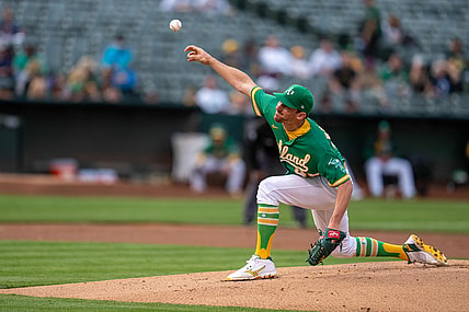 Aug 6, 2021; Oakland, California, USA;  Oakland Athletics starting pitcher Chris Bassitt (40) delivers a pitch during the first inning against the Texas Rangers at RingCentral Coliseum. Mandatory Credit: Neville E. Guard-USA TODAY Sports