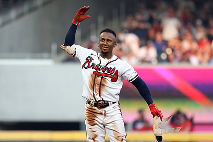 Aug 7, 2021; Atlanta, Georgia, USA; Atlanta Braves second baseman Ozzie Albies (1) reacts after hitting a double during the third inning against the Washington Nationals at Truist Park. Mandatory Credit: Jason Getz-USA TODAY Sports