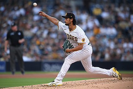 Aug 7, 2021; San Diego, California, USA; San Diego Padres starting pitcher Yu Darvish (11) throws a pitch against the Arizona Diamondbacks during the fourth inning at Petco Park. Mandatory Credit: Orlando Ramirez-USA TODAY Sports