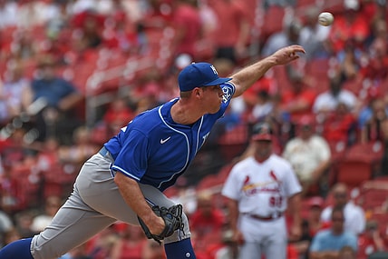 Aug 8, 2021; St. Louis, Missouri, USA; Kansas City Royals starting pitcher Kris Bubic (50) pitches against the St. Louis Cardinals during the first inning at Busch Stadium. Mandatory Credit: Joe Puetz-USA TODAY Sports